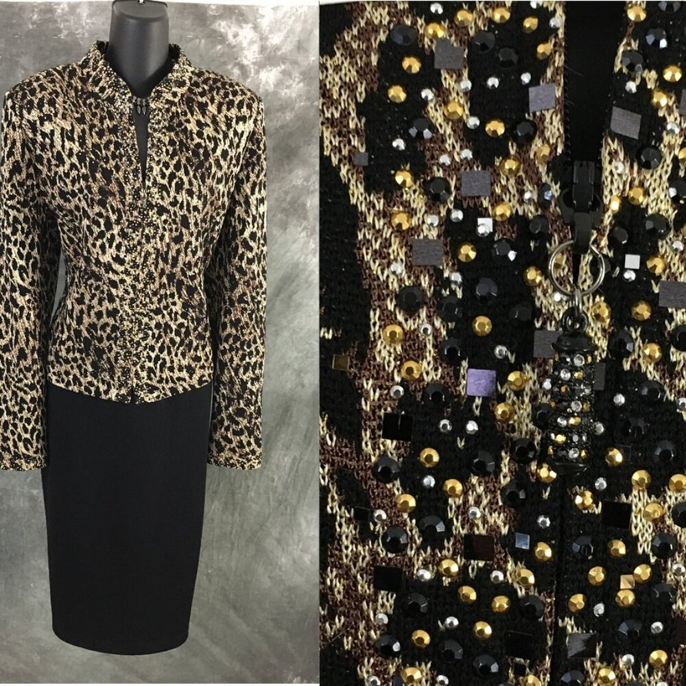 BEAUTIFUL St John evening knit beige black rhinestones embellished skirt suit 14